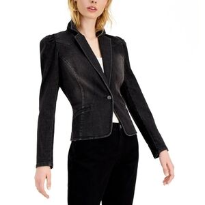 INC Petite Puff Sleeve Denim Blazer in Black Wash Size PM